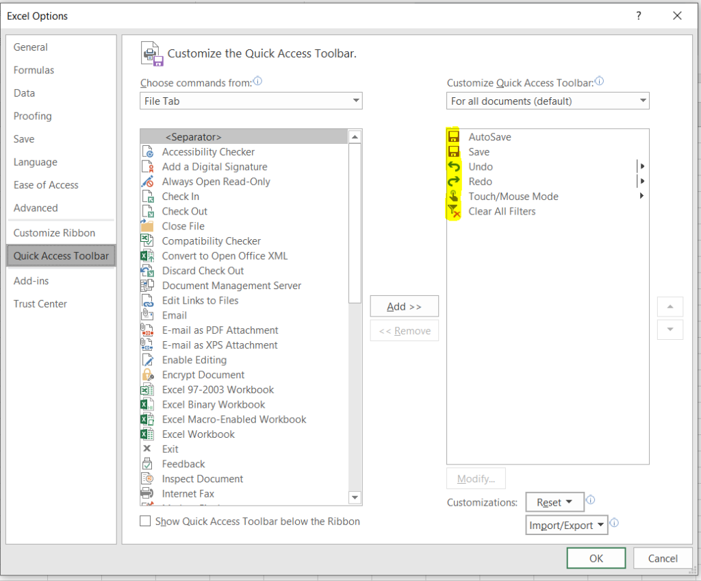 excel ribbon commands