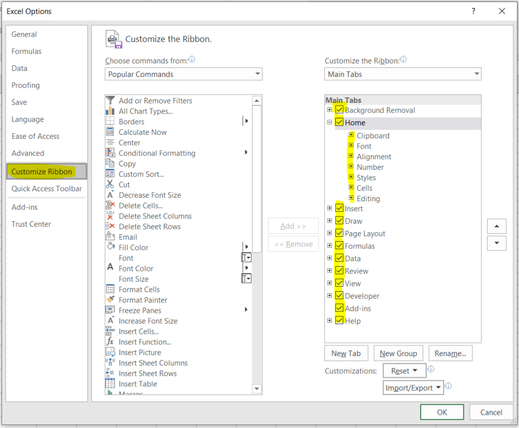 excel ribbon customize