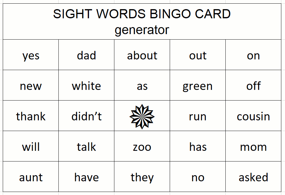 Generate Sight Word Bingo Cards In Excel